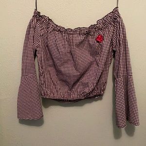 Checker crop top with an embroidered rose